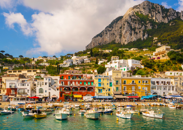 Capri town from the water with colourful houses