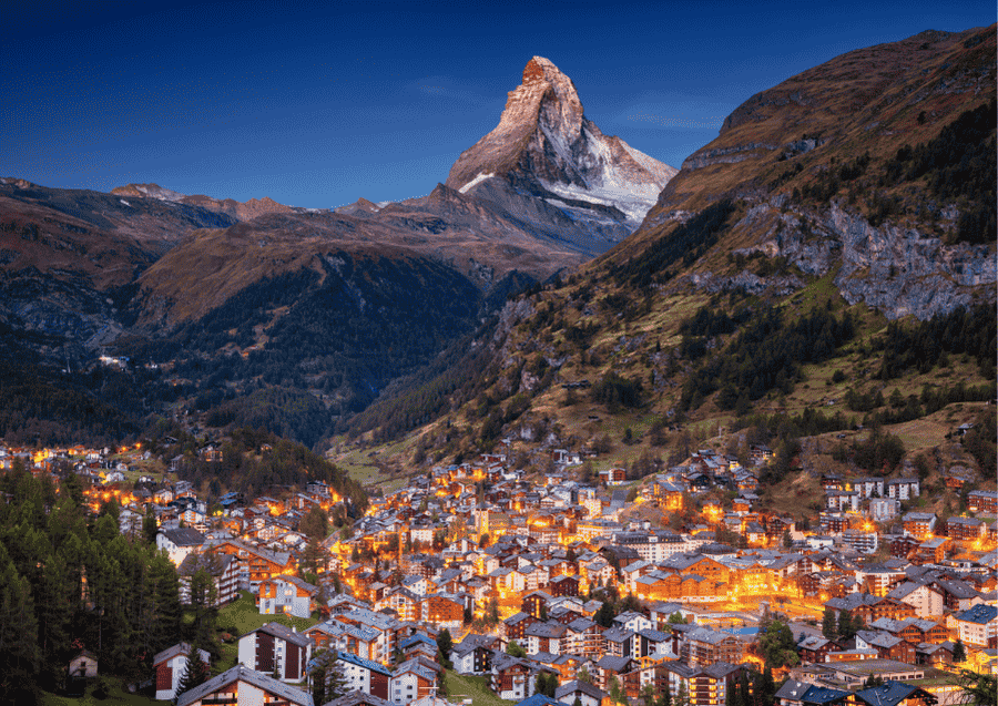 The Matterhorn and town of Zermatt at night